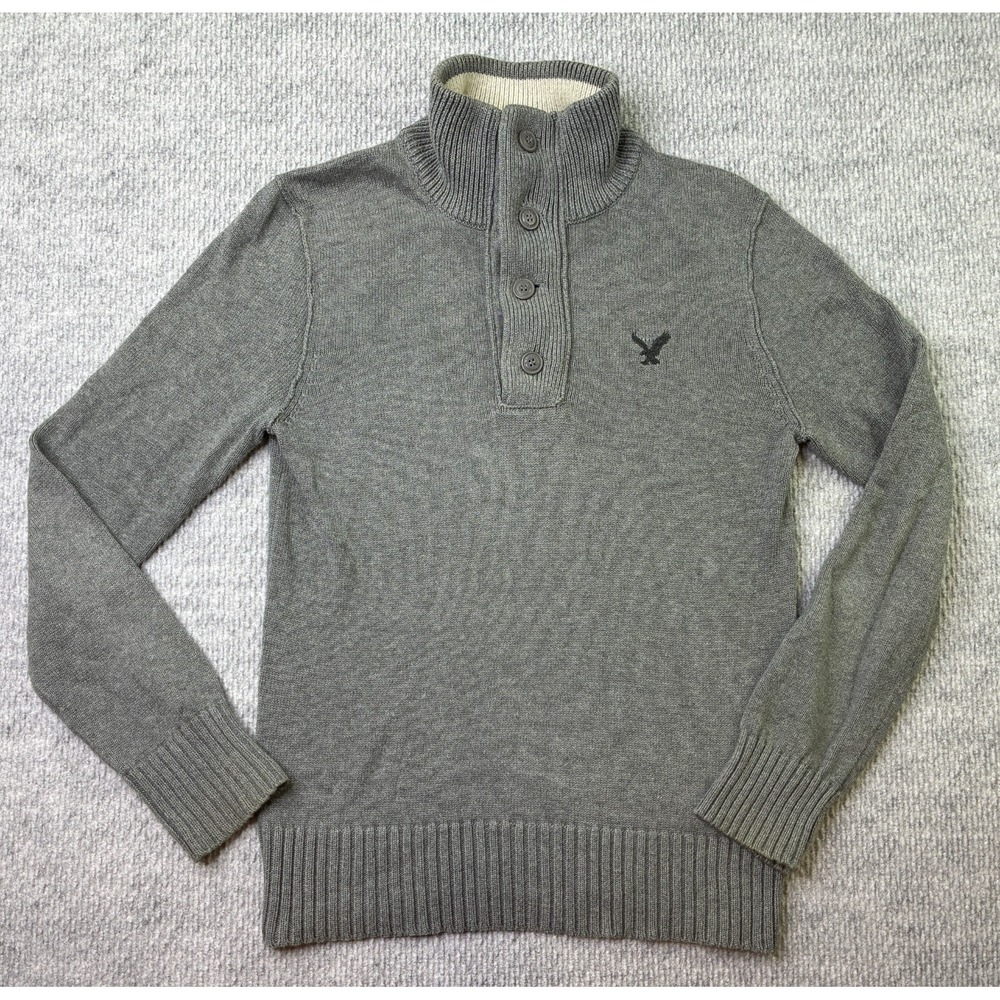 American Eagle Mens Small Gray Mock Neck Henley Sweater 100% Cotton Pullover